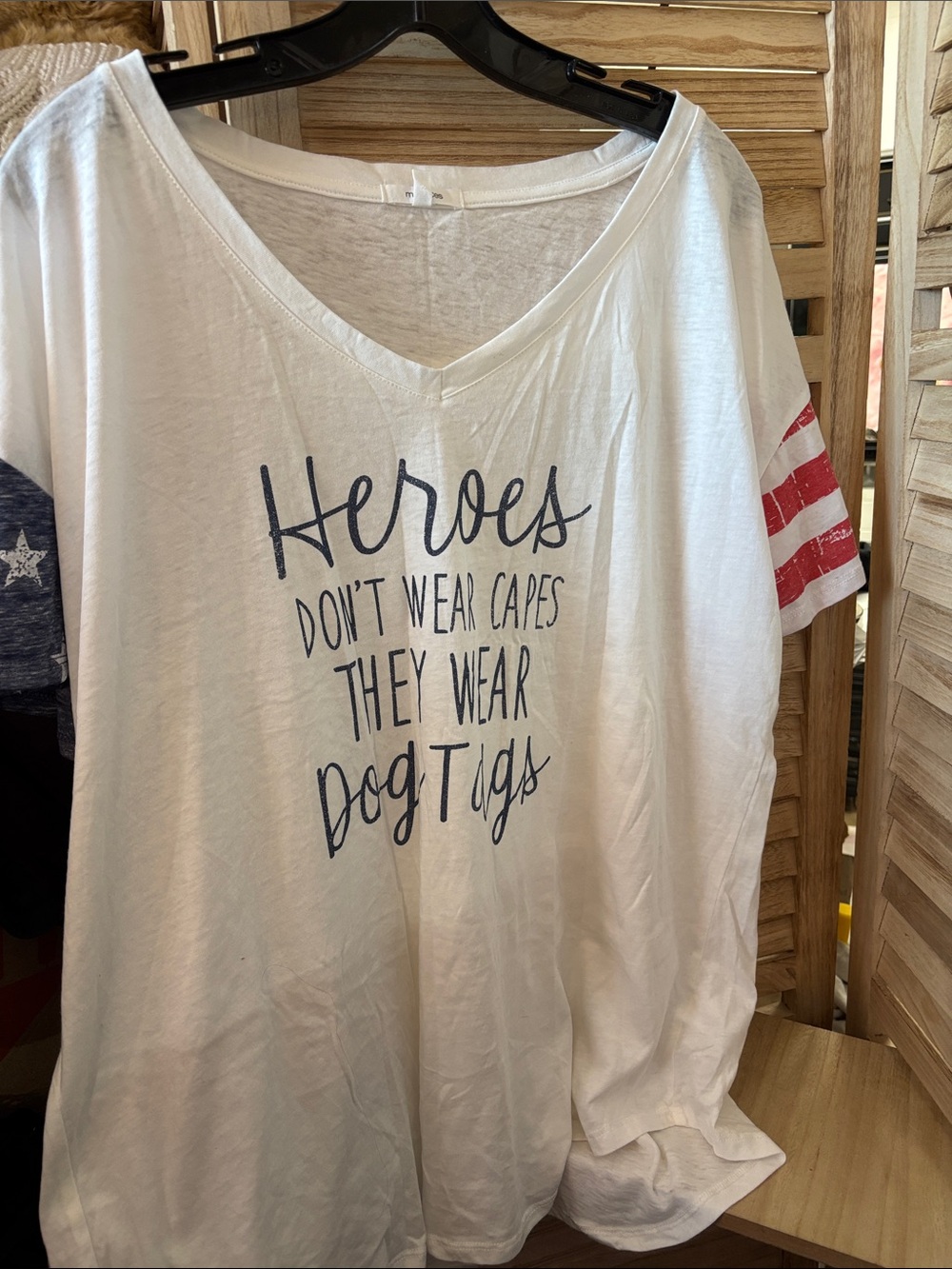 Maurices White V-Neck Burnout Tee with Navy Script and Red Sleeve Stripes XXL